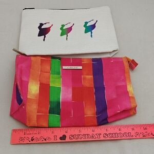 Clinique White Canvas Dancer Print Pouch + Pink Multicolor Woven Cosmetic Bag